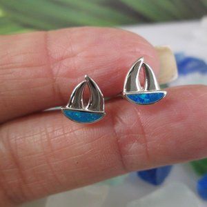 Sterling Silver SAILBOAT Stud Earrings>Blue Opal Sailboat Studs,925 Studs